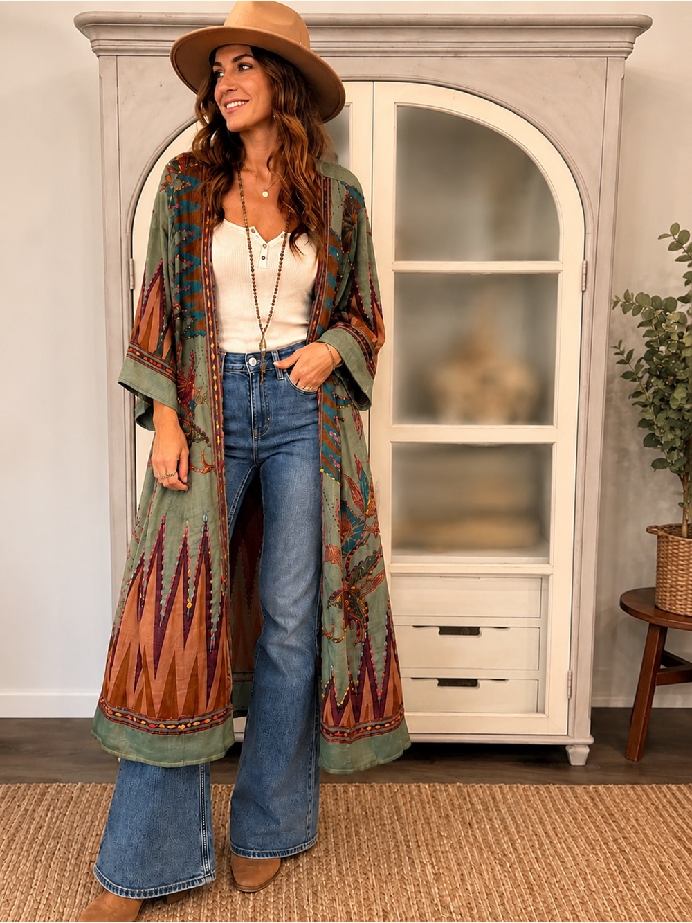 Raj Olive Green and Rust Boho Maxi Kimono - Picture 3 of 7